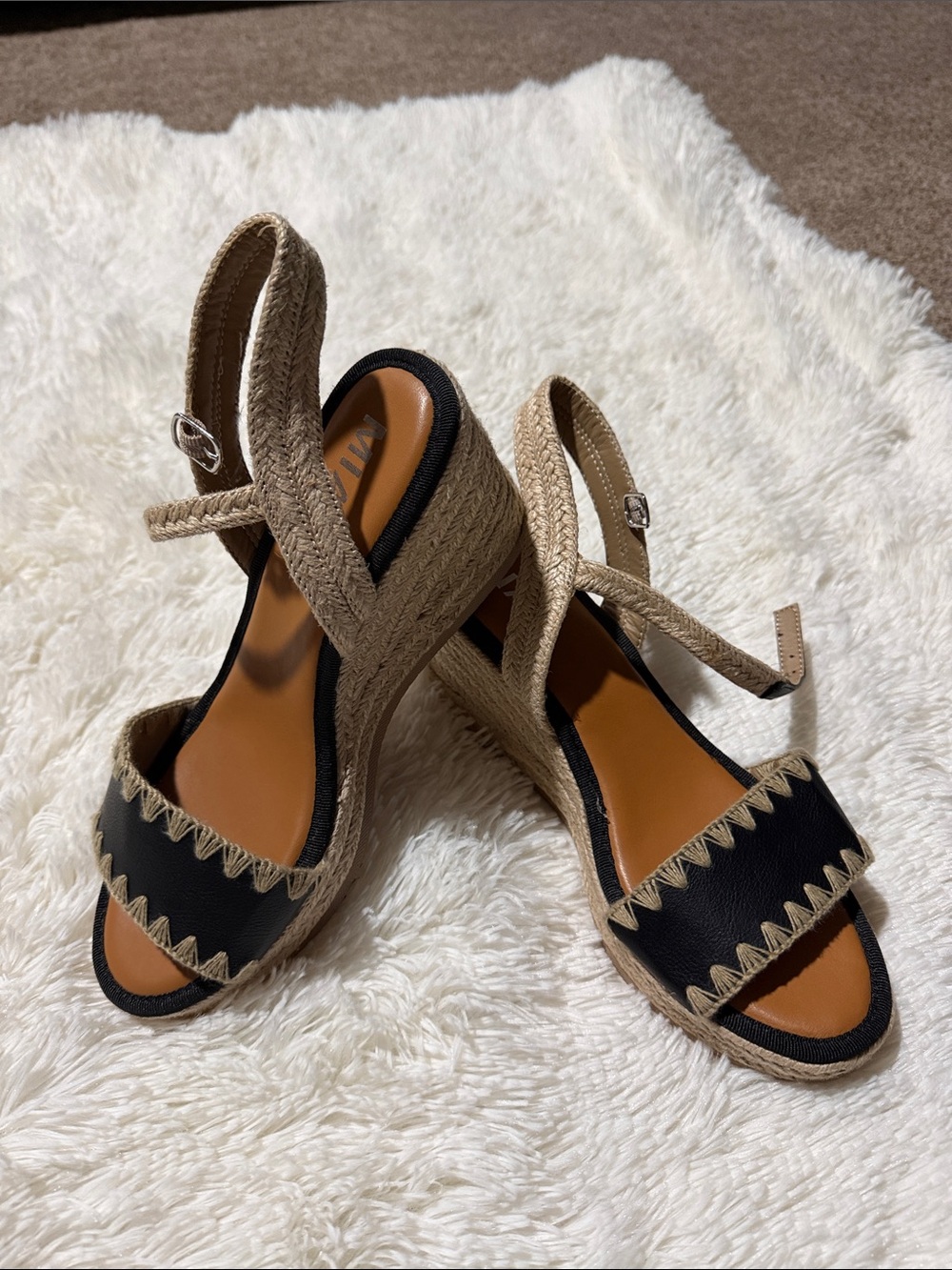 MIA Black and Tan Espadrille Wedge Sandals